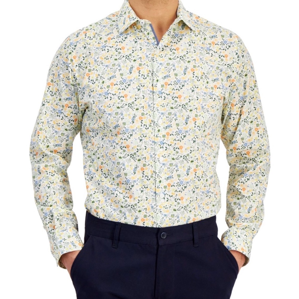 Bar III Cream Floral Button-Down Shirt